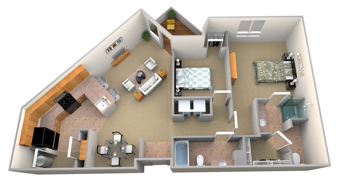 Floor plan for 2 beds, 2 baths, 1270 sqft